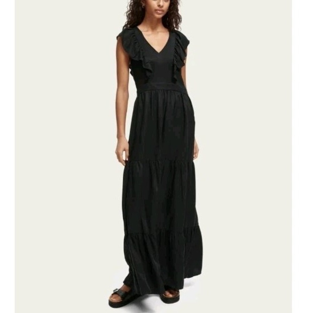 Scotch And Soda Womens Minimalist Ruffle Maxi Dress Open Back V Neck Black Large